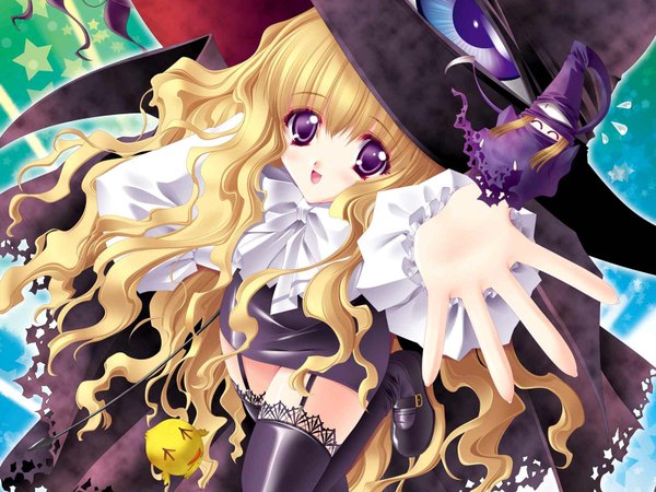 Anime picture 1600x1200 with yami to boushi to hon no tabibito studio deen lilith (yamibou) carnelian long hair highres blonde hair purple eyes witch jpeg artifacts thighhighs hat witch hat
