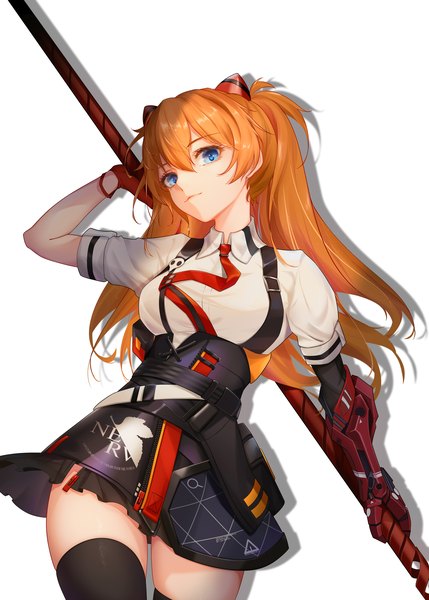 Anime picture 3000x4200 with neon genesis evangelion honkai impact 3rd gainax honkai (series) soryu asuka langley liu liaoliao single long hair tall image looking at viewer fringe highres breasts blue eyes simple background hair between eyes standing white background holding arm up