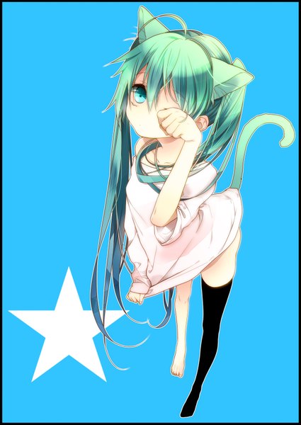 Anime picture 1251x1767 with vocaloid hatsune miku naoto (tulip) single tall image twintails animal ears very long hair one eye closed aqua eyes wink cat ears aqua hair cat girl cat tail blue background girl thighhighs black thighhighs