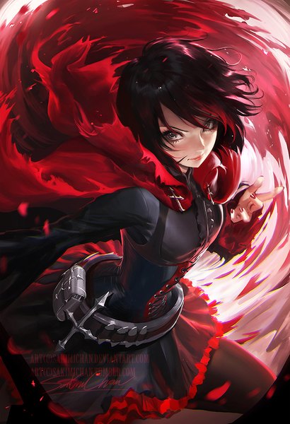 Anime-Bild 684x1000 mit rwby rooster teeth ruby rose sakimichan single tall image looking at viewer short hair brown hair brown eyes signed absurdres cloud (clouds) ahoge nail polish from above lips realistic wide sleeves lipstick