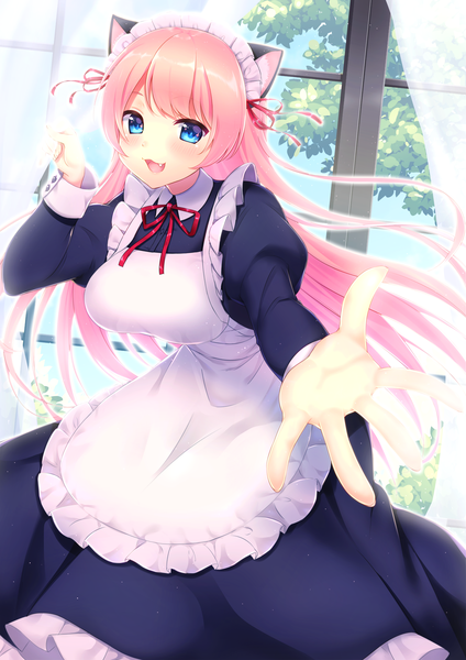 Anime picture 2893x4092 with original hio (hiohio0306) single long hair tall image looking at viewer blush fringe highres open mouth blue eyes smile animal ears payot pink hair long sleeves cat ears maid cat girl puffy sleeves