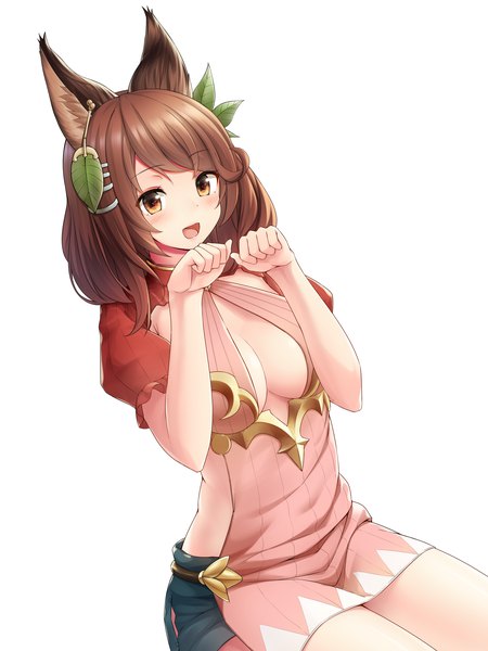 Anime picture 1440x1920 with granblue fantasy la coiffe (granblue fantasy) tanaka (seyakatemaroyaka) single tall image blush short hair breasts open mouth light erotic simple background brown hair large breasts white background brown eyes animal ears looking away :d cleavage cutout erune