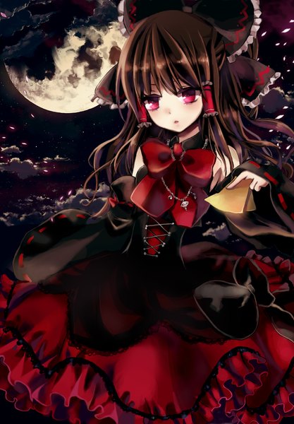 Anime picture 800x1152 with touhou hakurei reimu mayo (miyusa) single long hair tall image fringe open mouth red eyes brown hair standing holding cloud (clouds) outdoors head tilt wind night wide sleeves :o night sky