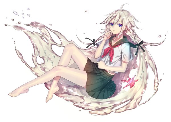 Anime picture 2100x1500 with vocaloid ia (vocaloid) bottle ia (vocaloid) tayuya1130 single long hair looking at viewer highres blue eyes blonde hair simple background white background full body ahoge braid (braids) very long hair nail polish pleated skirt barefoot liquid hair