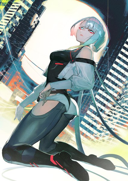 Anime picture 1062x1500 with cyberpunk edgerunners studio trigger lucy (cyberpunk) lack single tall image looking at viewer fringe short hair light erotic bare shoulders silver hair full body ass blunt bangs from below kneeling silver eyes girl building (buildings)