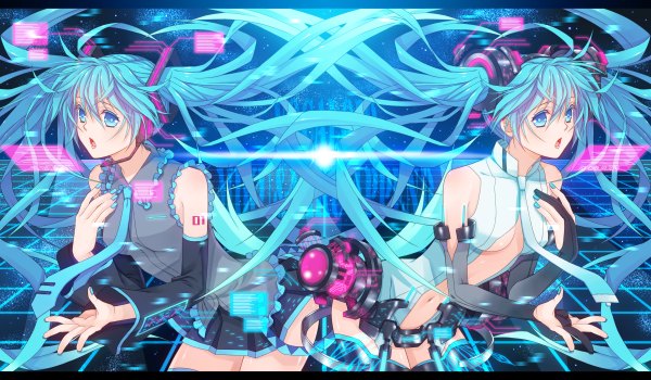 Anime picture 1200x700 with vocaloid vocaloid append hatsune miku hatsune miku (append) yuuno (yukioka) long hair open mouth wide image twintails multiple girls girl 2 girls miniskirt