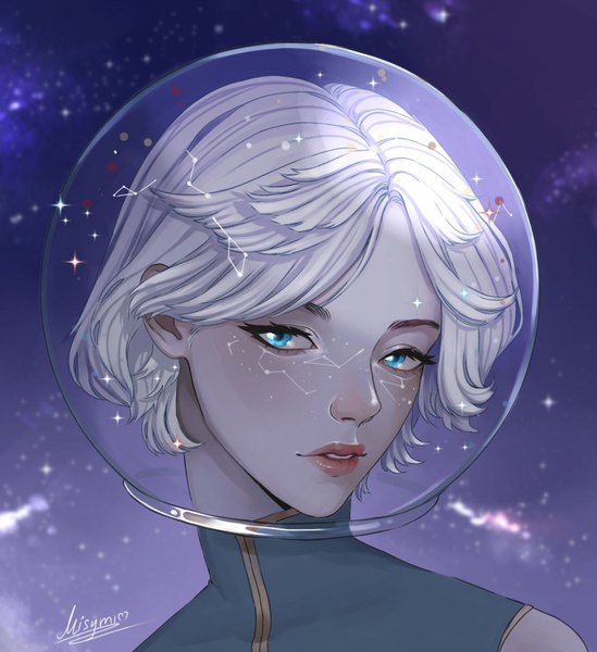 Anime picture 1172x1280 with original misymi single tall image looking at viewer fringe short hair blue eyes signed upper body white hair parted lips constellation girl star (stars) helmet