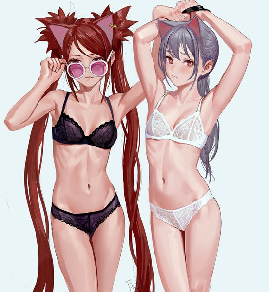 Anime picture 1100x1197 with original feiqizi (fkey) feifei (fkey) fkey long hair tall image looking at viewer blush fringe light erotic simple background red eyes standing twintails bare shoulders multiple girls signed animal ears red hair grey hair