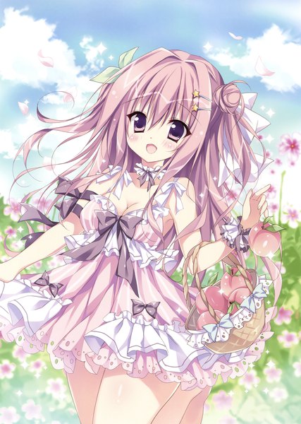 Anime picture 2494x3500 with original herurun single long hair tall image looking at viewer blush highres open mouth purple eyes sky purple hair cloud (clouds) scan frilled dress girl dress flower (flowers) bow hair bow