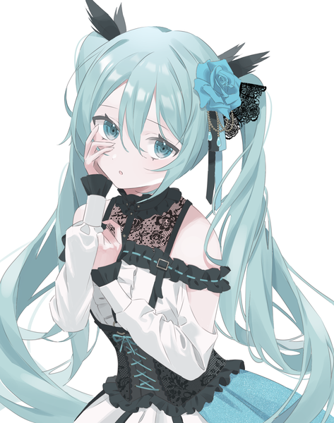 Anime picture 1684x2138 with project sekai vocaloid hatsune miku azuki (ckxs7444) single long hair tall image looking at viewer fringe simple background hair between eyes white background twintails bare shoulders upper body hair flower aqua eyes aqua hair hand on cheek girl