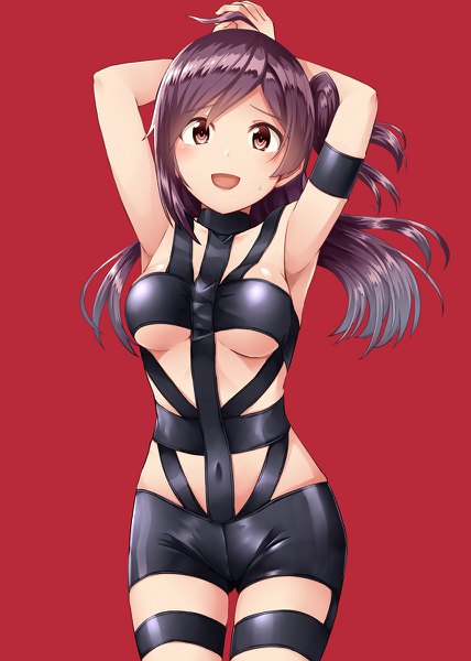 Anime picture 856x1200 with kantai collection hagikaze (kantai collection) kamelie single long hair tall image looking at viewer blush fringe breasts open mouth light erotic simple background smile standing purple eyes purple hair ahoge :d arms up