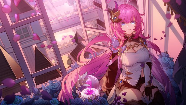 Anime picture 4046x2276 with honkai impact 3rd honkai (series) elysia (honkai impact) elysia (miss pink elf) (honkai impact) jinjide shaonian single long hair looking at viewer fringe highres breasts blue eyes smile wide image sitting pink hair absurdres cleavage from above girl