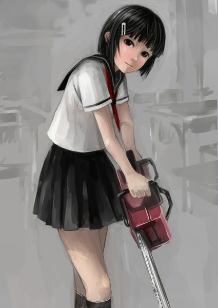 Anime picture 1000x1411 with original koruse single tall image looking at viewer short hair black hair black eyes girl skirt hair ornament miniskirt serafuku hairclip black skirt chainsaw