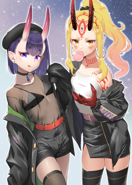 Anime picture 829x1160 with fate (series) fate/grand order shuten douji (fate) ibaraki douji (fate) saruchitan long hair tall image looking at viewer blush fringe short hair blonde hair simple background purple eyes multiple girls yellow eyes payot purple hair ponytail blunt bangs