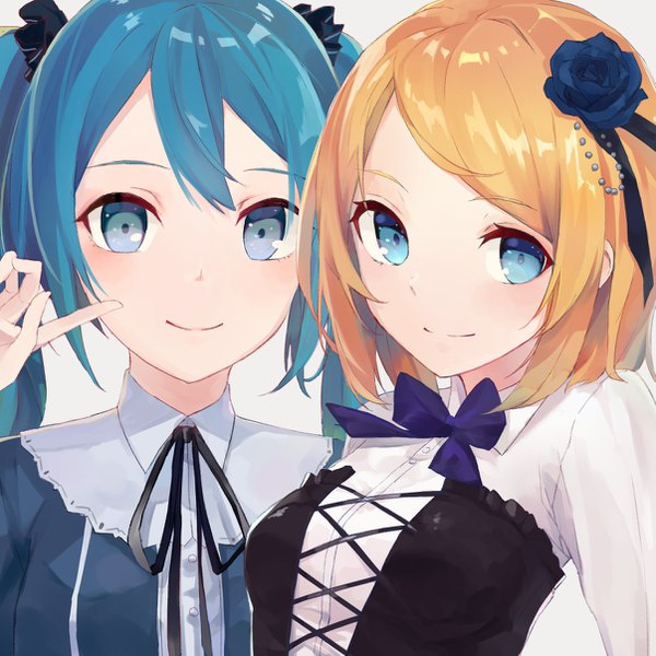 Anime picture 1205x1205 with vocaloid hatsune miku kagamine rin kobuta long hair looking at viewer short hair blonde hair smile twintails multiple girls upper body hair flower aqua eyes aqua hair girl flower (flowers) 2 girls bowtie