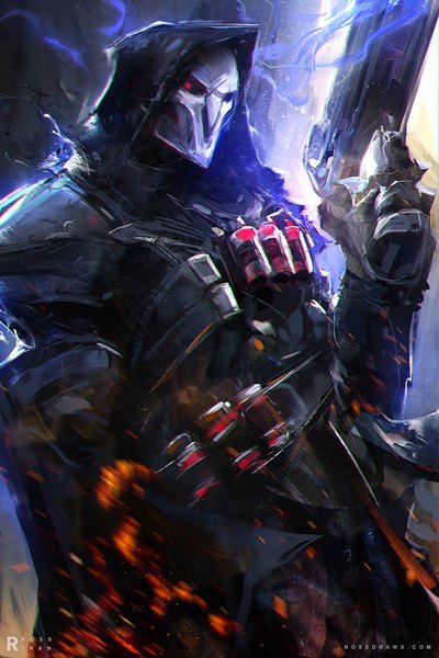 Anime picture 750x1125 with overwatch blizzard entertainment reaper (overwatch) rossdraws (ross tran) single tall image looking at viewer red eyes signed realistic glowing watermark glowing eye (eyes) boy weapon gun hood cloak mask