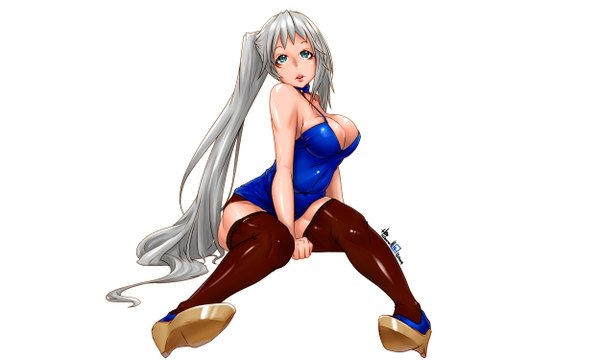 Anime picture 2500x1500 with original caooll (co-ohol) single long hair looking at viewer blush highres breasts blue eyes light erotic simple background wide image ponytail grey hair girl thighhighs black thighhighs