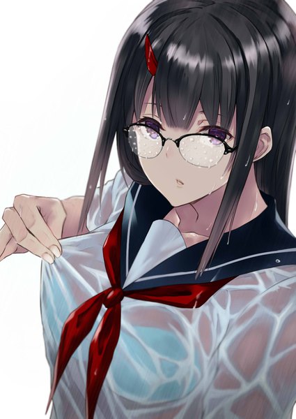 Anime picture 1000x1412 with original nabeshima tetsuhiro single long hair tall image looking at viewer fringe light erotic black hair simple background hair between eyes white background purple eyes upper body parted lips horn (horns) wet clothes girl uniform glasses