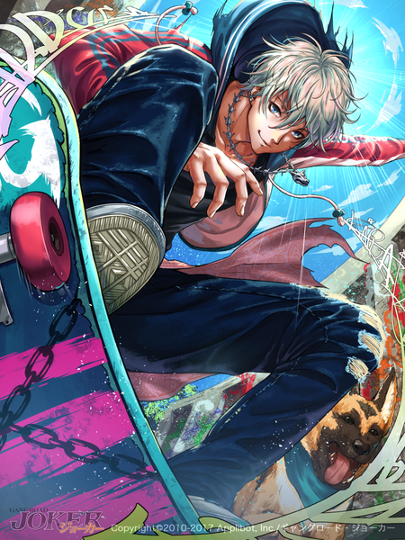 Anime picture 900x1200 with joker ~gang road~ sakiyamama single tall image looking at viewer fringe short hair blue eyes smile hair between eyes sky silver hair cloud (clouds) outdoors sunlight open jacket copyright name torn clothes outstretched arm boy