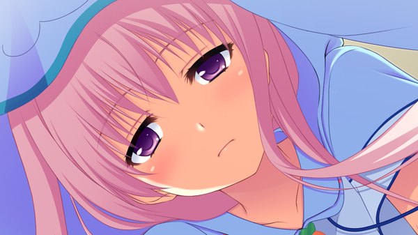 Anime picture 1280x720 with tojita sekai no tori colony long hair looking at viewer blush wide image purple eyes pink hair game cg girl
