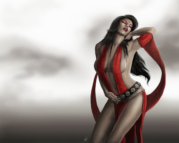 Anime picture 3000x2400 with prince of persia kaileena single long hair highres breasts light erotic black hair simple background eyes closed lips girl