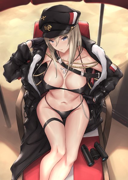 Anime picture 836x1180 with azur lane bismarck (azur lane) parfaitlate single long hair tall image looking at viewer blush fringe breasts blue eyes light erotic blonde hair hair between eyes large breasts sitting signed cleavage outdoors parted lips