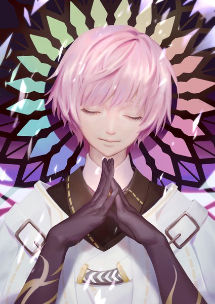 Anime picture 1075x1518 with forever 7th capital finike hejia abby single tall image short hair pink hair upper body eyes closed head tilt portrait hands clasped interlocked fingers boy gloves black gloves