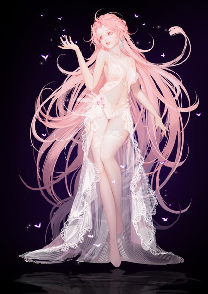 Anime-Bild 4134x5846 mit original fan xiu single tall image highres breasts light erotic smile signed pink hair absurdres bent knee (knees) very long hair parted lips head tilt pink eyes lips open clothes legs black background