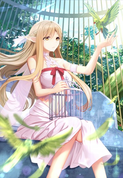 Anime picture 1000x1453 with sword art online a-1 pictures yuuki asuna cloudy.r single long hair tall image blonde hair sitting bare shoulders yellow eyes looking away braid (braids) blurry knees touching girl dress skirt animal bird (birds)