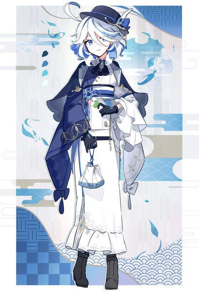 Anime picture 1400x2048 with genshin impact furina (genshin impact) utori (tanakautori) single tall image looking at viewer fringe short hair blue eyes standing holding ahoge long sleeves traditional clothes japanese clothes multicolored hair hair over one eye wide sleeves alternate costume streaked hair
