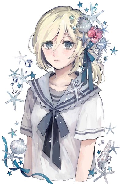 Anime picture 914x1383 with shingeki no kyojin production i.g krista lenz mukimuki mayuge single tall image looking at viewer fringe short hair blonde hair simple background white background lips grey eyes alternate costume tears girl hair ornament ribbon (ribbons) hair ribbon