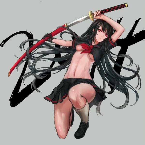 Anime picture 1200x1200 with original infukun single long hair breasts light erotic black hair simple background red eyes grey background no bra bare belly midriff kneeling underboob hieroglyph unsheathing girl skirt gloves