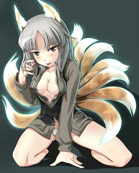 Anime picture 800x1000 with strike witches edytha rossmann hi-ho- long hair tall image looking at viewer blush breasts light erotic simple background animal ears yellow eyes cleavage tail animal tail grey hair shadow fox ears kneeling fox tail