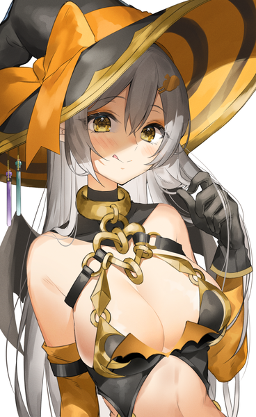 Anime-Bild 1200x1953 mit original ran s200 single long hair tall image looking at viewer blush fringe breasts light erotic simple background smile hair between eyes large breasts white background bare shoulders yellow eyes cleavage horn (horns) grey hair