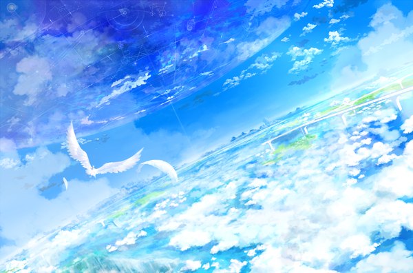 Anime picture 2500x1650 with original yatsude single highres sky cloud (clouds) horizon landscape fantasy scenic waterfall giant animal animal water bird (birds) feather (feathers) planet bridge