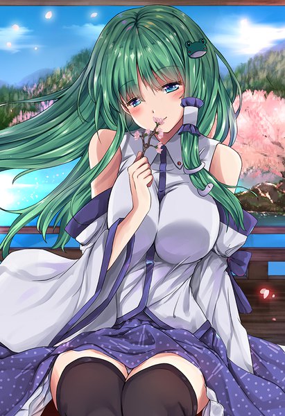 Anime picture 685x1000 with touhou kochiya sanae fule single long hair tall image blush breasts blue eyes light erotic large breasts sitting bare shoulders sky green hair wind cherry blossoms mountain lake girl