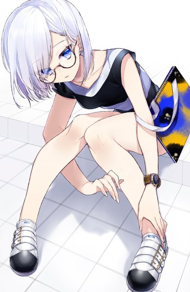 Anime picture 1800x2760 with original sogawa single tall image looking at viewer fringe highres short hair blue eyes simple background white background sitting silver hair nail polish parted lips fingernails hair over one eye short sleeves white nail polish girl