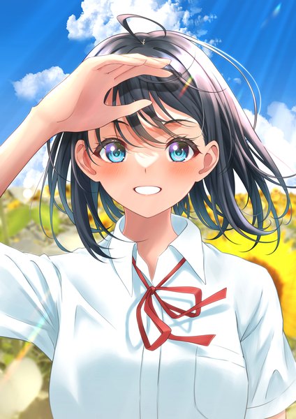 Anime picture 1457x2064 with original yoshiki 3821 single tall image looking at viewer blush short hair blue eyes black hair smile sky cloud (clouds) upper body ahoge arm up grin summer girl uniform flower (flowers)