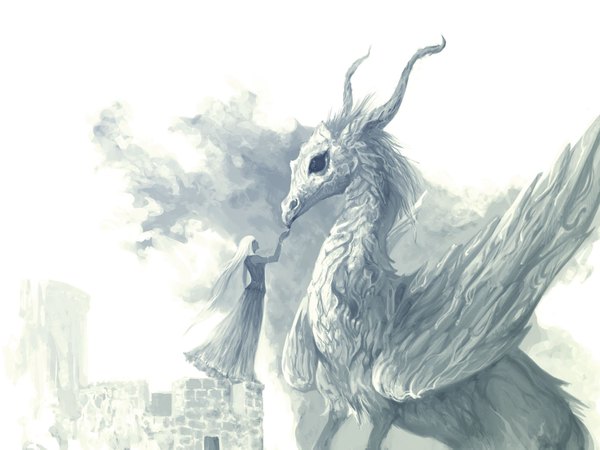Anime picture 1500x1125 with original ikeda masateru long hair standing white hair very long hair profile horn (horns) monochrome face to face fantasy girl dress wings dragon tower