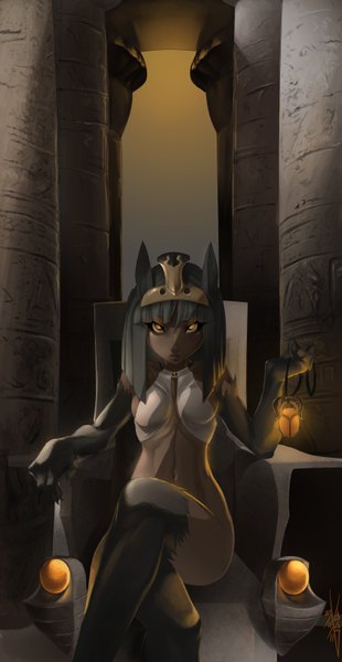 Anime picture 3368x6504 with mythology egyptian mythology anubis siegeredwolf trbox single tall image looking at viewer fringe highres short hair light erotic hair between eyes sitting holding animal ears yellow eyes absurdres grey hair crossed legs