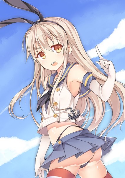 Anime picture 1240x1754 with kantai collection shimakaze destroyer amemiya ruki long hair tall image open mouth light erotic blonde hair yellow eyes cloud (clouds) pantyshot girl gloves underwear panties bow hair bow miniskirt elbow gloves sailor suit