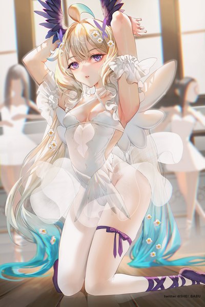 Anime picture 2000x3000 with virtual youtuber nijisanji nijisanji en enna alouette shei99 long hair tall image looking at viewer fringe highres breasts light erotic blonde hair purple eyes twintails multiple girls signed ahoge indoors parted lips