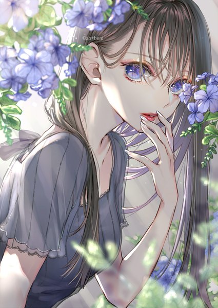 Anime picture 1200x1696 with original ao+beni single long hair tall image looking at viewer fringe blue eyes black hair hair between eyes signed upper body parted lips fingernails short sleeves lipstick red lipstick hand to mouth girl flower (flowers)