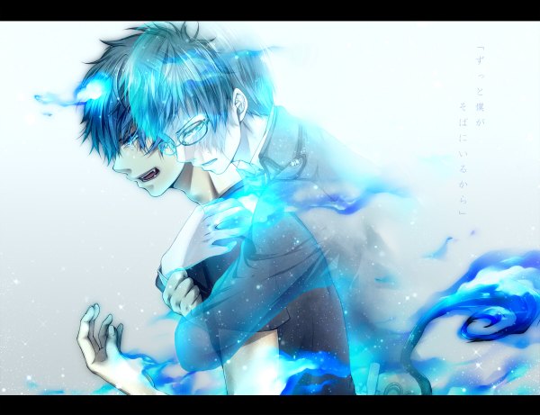 Anime picture 1200x922 with ao no exorcist a-1 pictures okumura rin okumura yukio kiriya (ahoka030) open mouth blue eyes simple background blue hair profile pointy ears hug glowing demon tail crying ghost boy glasses t-shirt coat