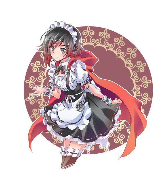 Anime picture 4000x4200 with rwby rooster teeth ruby rose iesupa single tall image looking at viewer highres short hair black hair simple background smile green eyes absurdres red hair multicolored hair two-tone hair maid alternate costume gradient hair