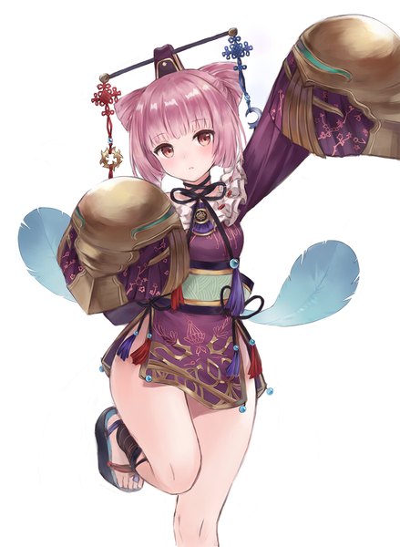 Anime picture 981x1340 with atelier (series) atelier sophie gust (company) cornelia (atelier) fuwawa (fuwawa617) single tall image looking at viewer blush fringe short hair light erotic simple background red eyes standing white background pink hair blunt bangs long sleeves arm up