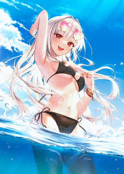 Anime picture 1000x1406 with original kh (kh 1128) single long hair tall image looking at viewer blush fringe breasts open mouth light erotic smile red eyes large breasts standing sky silver hair cloud (clouds) outdoors blunt bangs