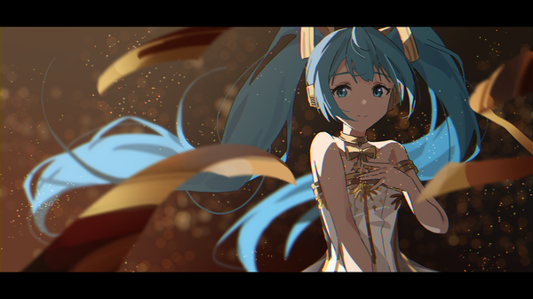 Anime picture 1536x864 with vocaloid miku symphony (vocaloid) hatsune miku gramophone miku agas (vpwt7475) single long hair looking at viewer blue eyes smile wide image twintails blue hair upper body wind hand on chest letterboxed girl confetti