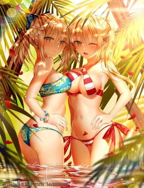Anime picture 3063x4000 with fate (series) fate/grand order artoria pendragon (all) saber nero claudius (fate) (all) nero claudius (swimsuit caster) (fate) junpaku karen long hair tall image looking at viewer blush fringe highres short hair breasts open mouth light erotic blonde hair hair between eyes standing