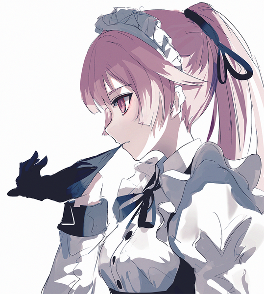 Anime picture 1000x1112 with girls frontline ntw-20 (girls frontline) beckzawachi single long hair tall image breasts simple background white background holding pink hair ponytail profile pink eyes maid puffy sleeves mouth hold glove biting girl gloves
